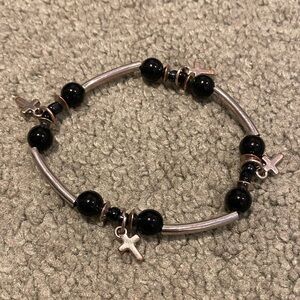 Black and Silver Beaded Bracelet with Charms